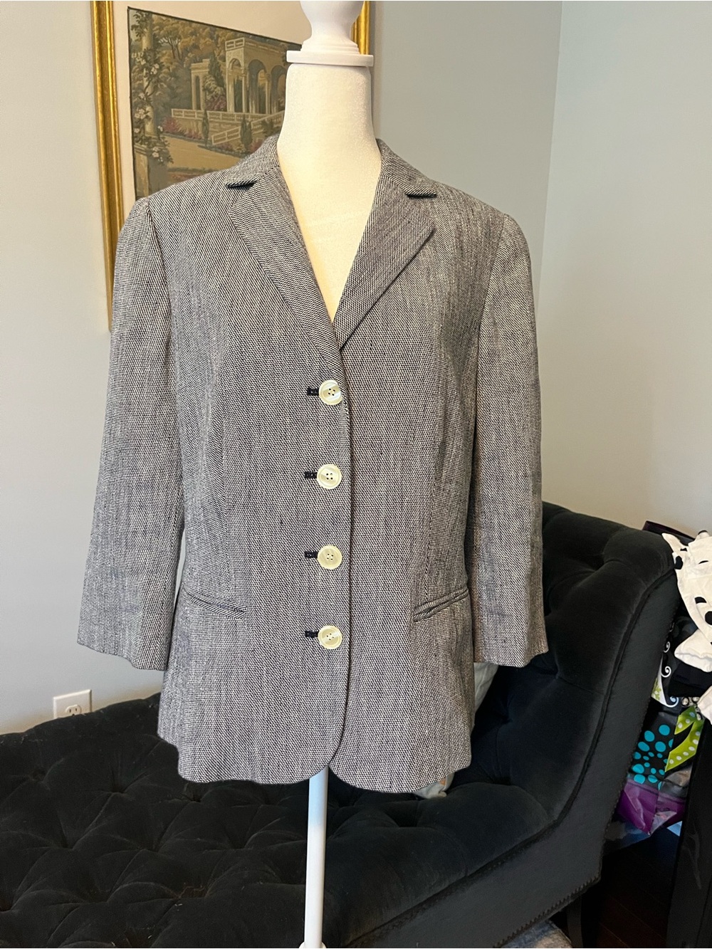 Women's Navy and White Textured Blazer Jacket